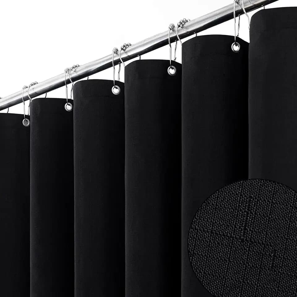 BTTN 48x72 Linen Textured Waterproof Thick Fabric Shower Curtain Set, Black