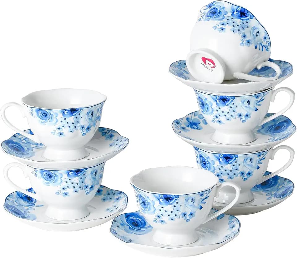 6oz Porcelain Tea Cup and Saucer Set of 6, Classic Blue Floral