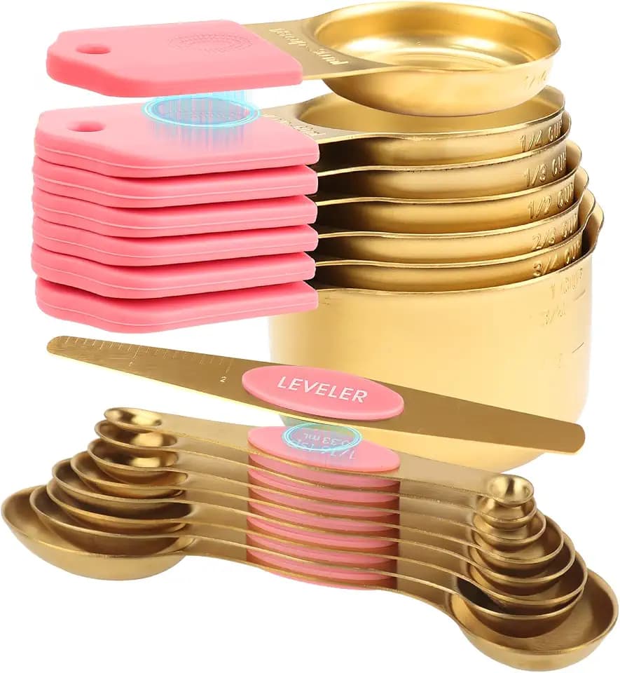 16-Piece Magnetic Measuring Cups & Spoons Set, Stainless Steel, Pink & Gold