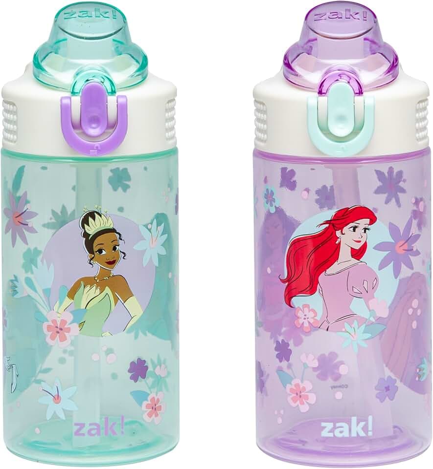 Zak Designs Princess Sage 16oz Leak-Proof Straw Kids Water Bottle, 2-Pack