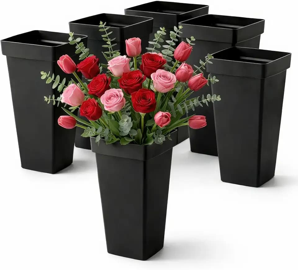 Kingrol 6 Pack Flower Buckets for Arrangements, Tall Plastic Floral Containers for Wedding Centerpieces, Florist Buckets Bulk, Modern Square Vase 13.25" Black