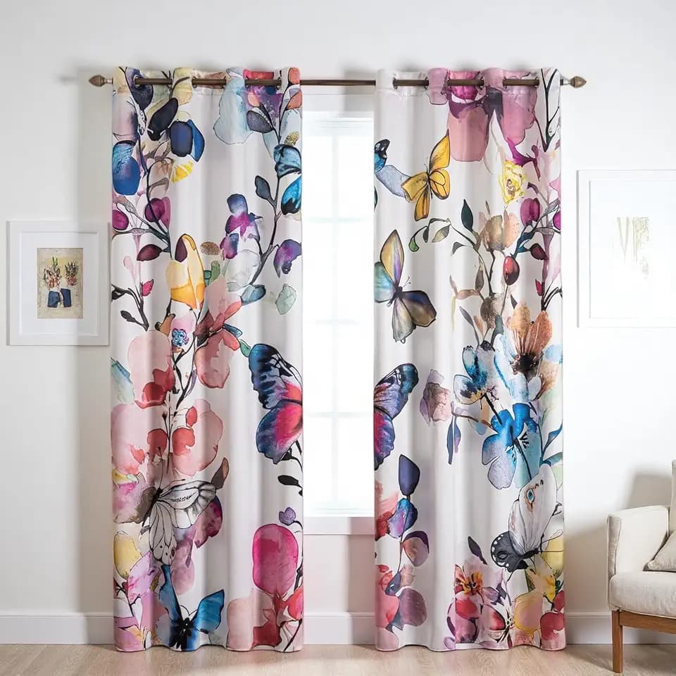 Pink Floral Blackout Curtains 63 inch Long 2 Panels Pink and Blue Floral Thermal Insulated Colorful Butterfly Vintage Flower Printed Pattern Window Grommet for Bedroom Living Room Decor
