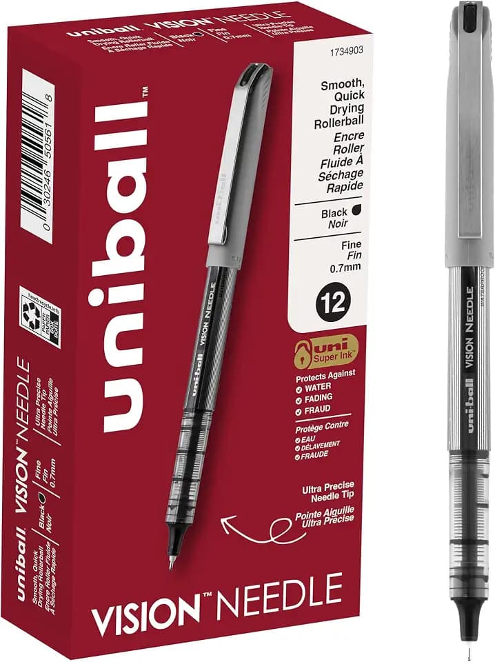 uniball Vision Needle Rollerball Pens, Fine Point (0.7mm), Black, 12 Pack