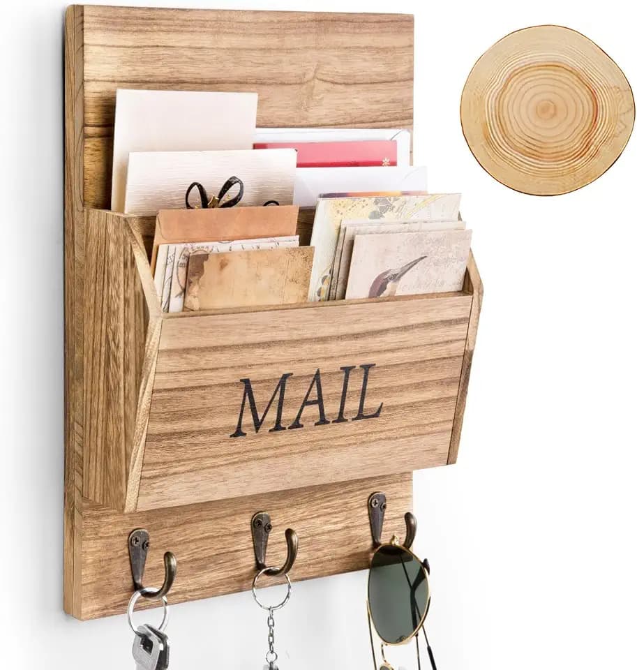 DLQuarts Mail Organizer with Key Holder for Wall Decorative Mail Sorter Wall Mounted, Wooden Mail Holder with 3 Hooks, Carbonized Brown
