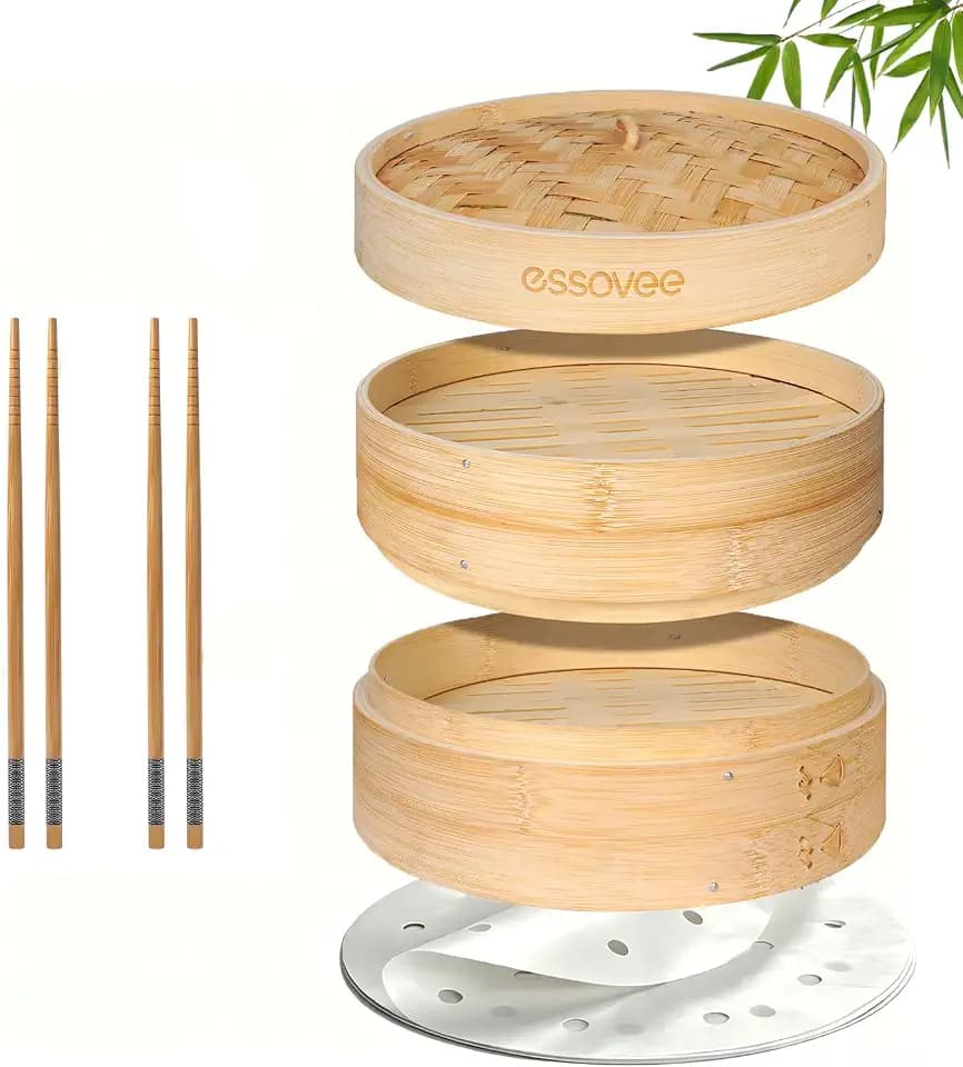 Bamboo Steamer 2 Tier 8-Inch Steaming Basket, Bun Vegetable Steam, Dumpling Steamer Bamboo Steam Basket, Chopsticks, Reusable 50 Liners, Small Instant Steaming Cookware for Chinese Asian Cuisine