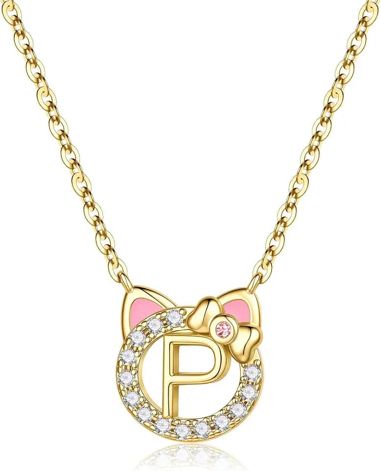 MONOOC Cat Gifts for Girls - Tiny Cat Initial Necklace for Teen Girls Kid