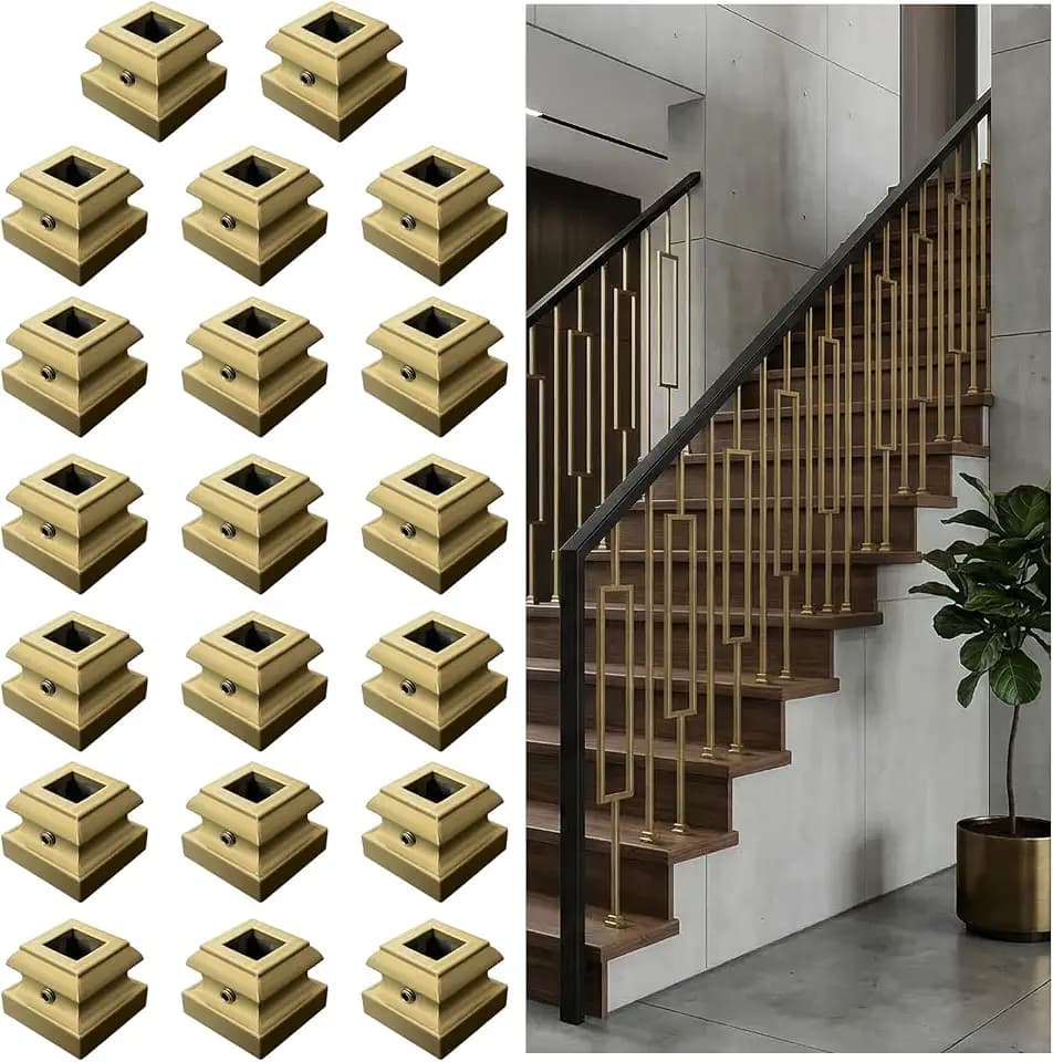 20 Pack Brass Gold Iron Baluster Flat Shoes, Stair Shoe with Screw for Use with 1/2" Square Balusters, Decorative Stair Railing