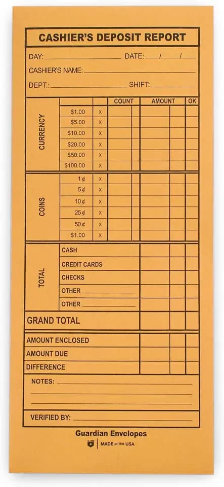 Guardian Cashier Deposit Report Envelopes - Made in America with Gummed Flaps, Pack of 500 Cash Drop Envelopes – Cash Register for Small Businesses, Retailers & Restaurants – Brown Kraft Envelope