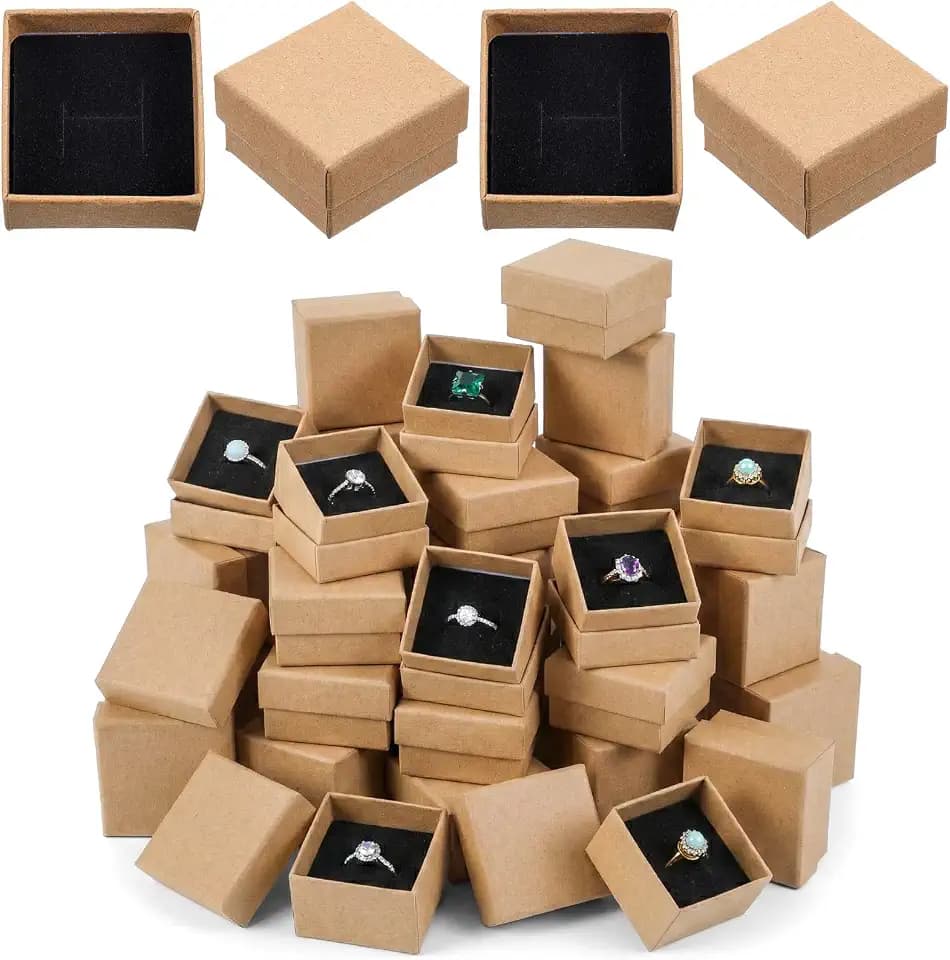 48 Pack Small Jewelry Ring Gift Boxes, 2x2x1.2 Inch Brown Krafts Paper Ring Boxes with Foam Insert, Bulk Square Cardboard Earring Packing Box for Weddings Rings, Necklaces, Business Retail