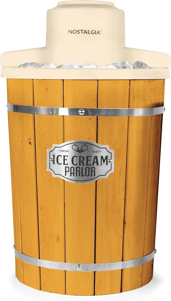 Nostalgia Electric Ice Cream Maker With 6 Qt Capacity - Old Fashioned Ice Cream Machine Makes Frozen Yogurt or Gelato in Minutes- Vintage Wooden Style Ice Cream Maker with Aluminum Canister