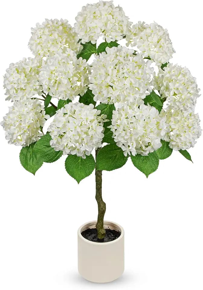 Hollyone Artificial Hydrangea Tree 3FT White Hydrangea Artificial Flowers Tree in Pot Fake Hydrangeas Plants & Flowers in Planter Greenery Potted Plant Indoor Outdoor Front Door Porch Home Decor