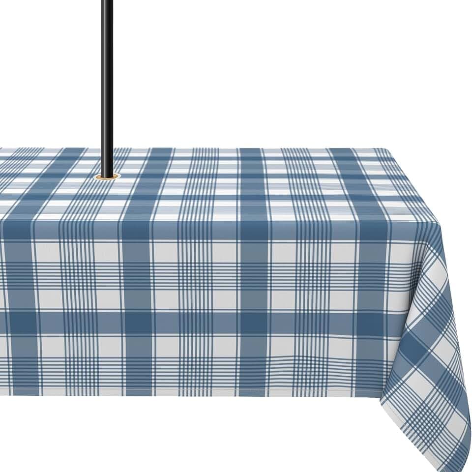Yighty Outdoor Tablecloth with Umbrella Hole 60x84inch, Farmhouse Blue Plaid Zipper Tablecloth, Waterproof Wrinkle Resistant Washable Rectangular Tablecloth for Picnics, Party, Camping and BBQ