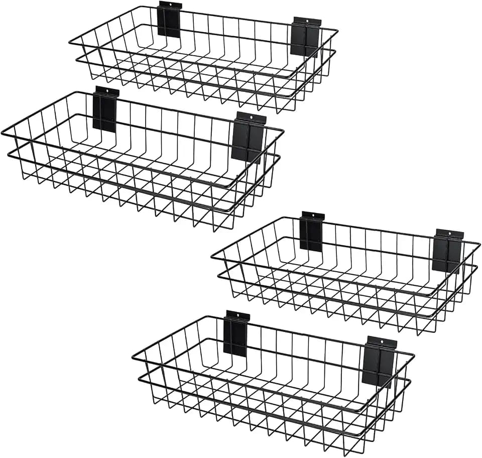 Multi-Size Slatwall Basket Set, 4 Pack Slatwall Accessories Organizer for Garage, Workshop, and Retail Display Storage