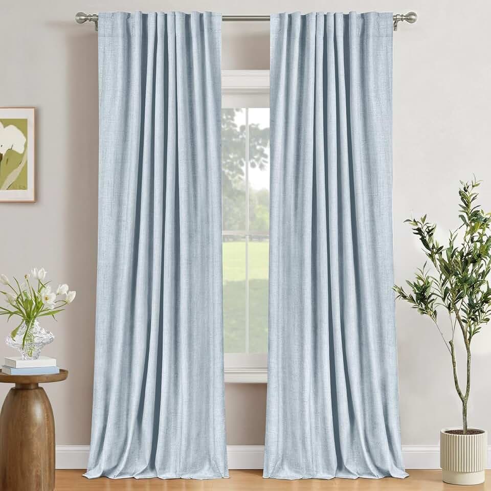 Faux Linen Total Blackout Curtains for Bedroom 96 Inch Long Chambray Blue