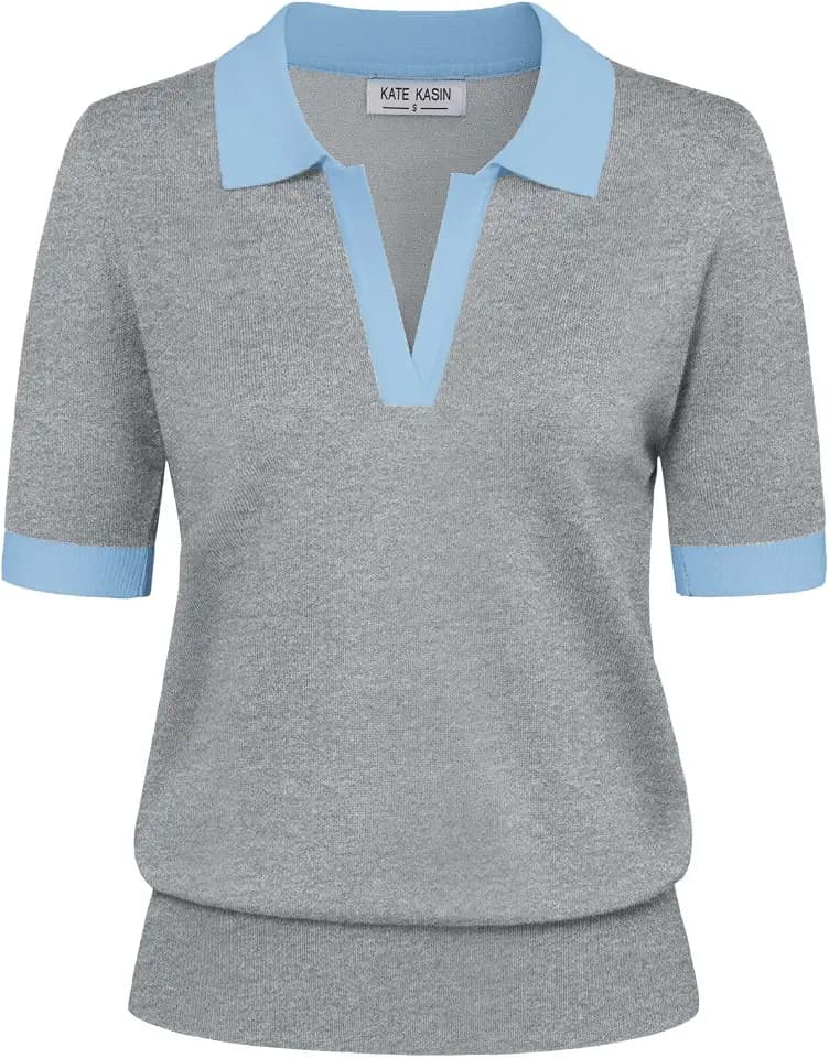 Women's Short Sleeve Classic V Neck Collared Casual Polo Sweater Tops