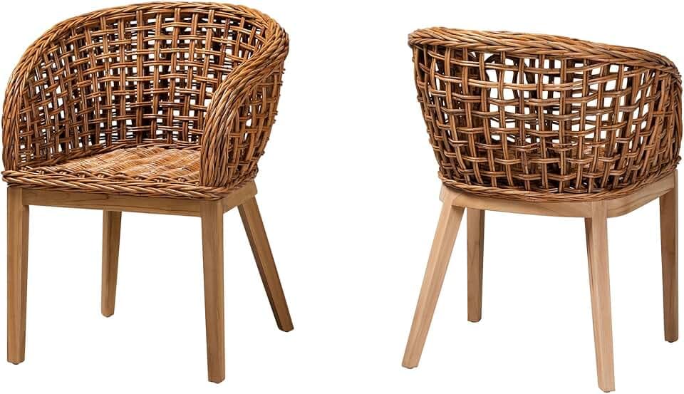 bali & pari Mario Modern Bohemian Natural Finished Teak Wood and Honey Rattan 2-Piece Dining Chair Set
