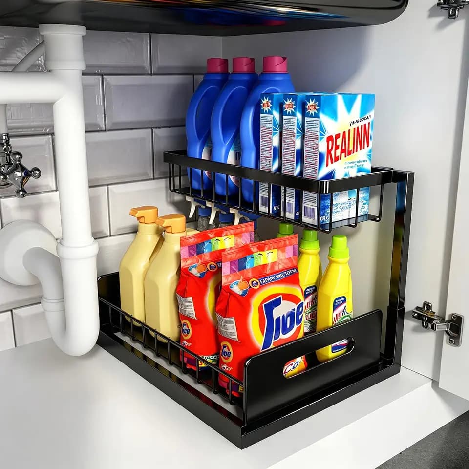 REALINN Under Sink Organizer, L-Shaped Pull Out Cabinet Organizer, Kitchen