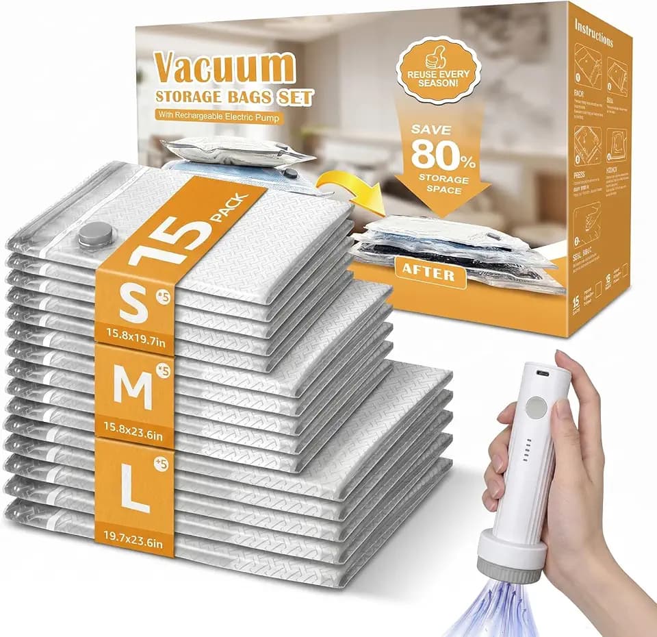 15 Pack Travel Vacuum Bags with Rechargeable Pump, 3 Sizes Combo