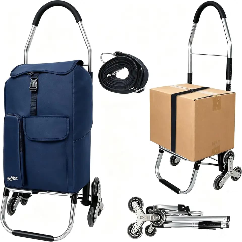 BUCABUCA Stair Climbing Shopping Cart, 2-in-1Foldable Grocery Cart on Wheels with Removable Waterproof Bag & Adjustable Cargo Strap