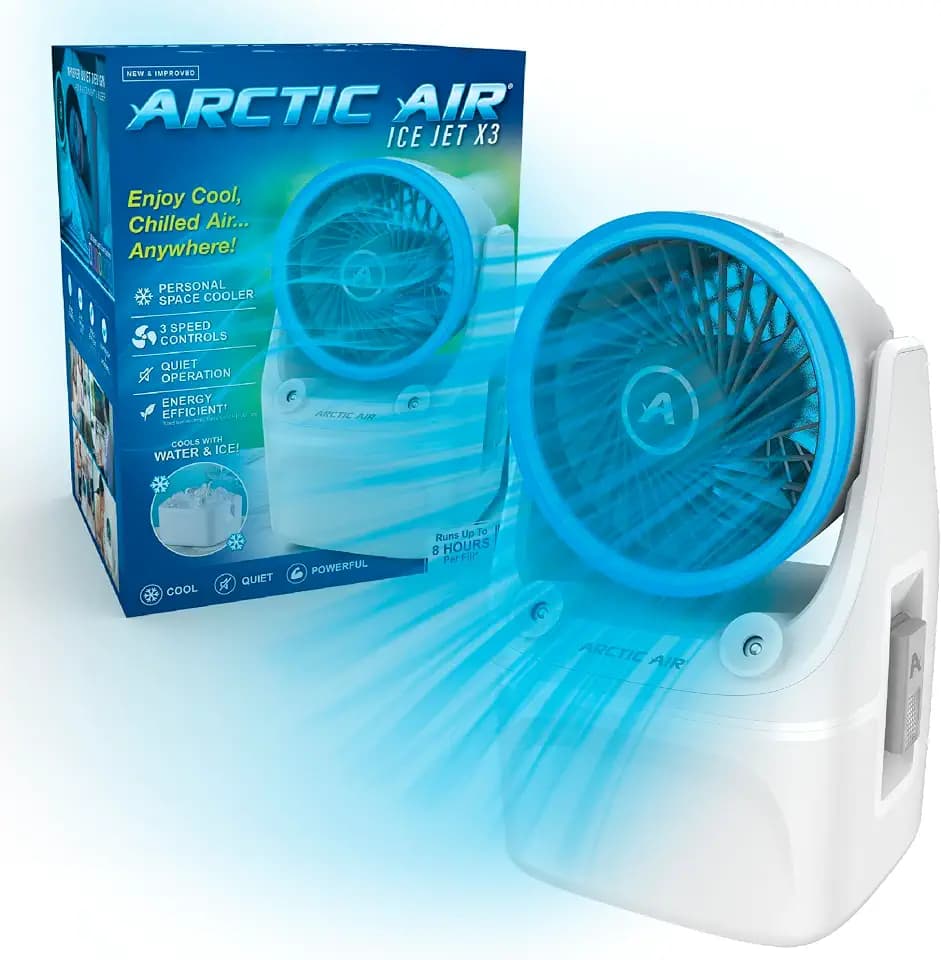 Arctic Air Ice Jet X3 Portable Air Cooler,Dual Mist Modes, Up to 8-Hour Cooling Time, 3-Speed Portable Cooler with Adjustable Airflow, USB C, LED Mood Light, Lightweight, Great for Home & Travel