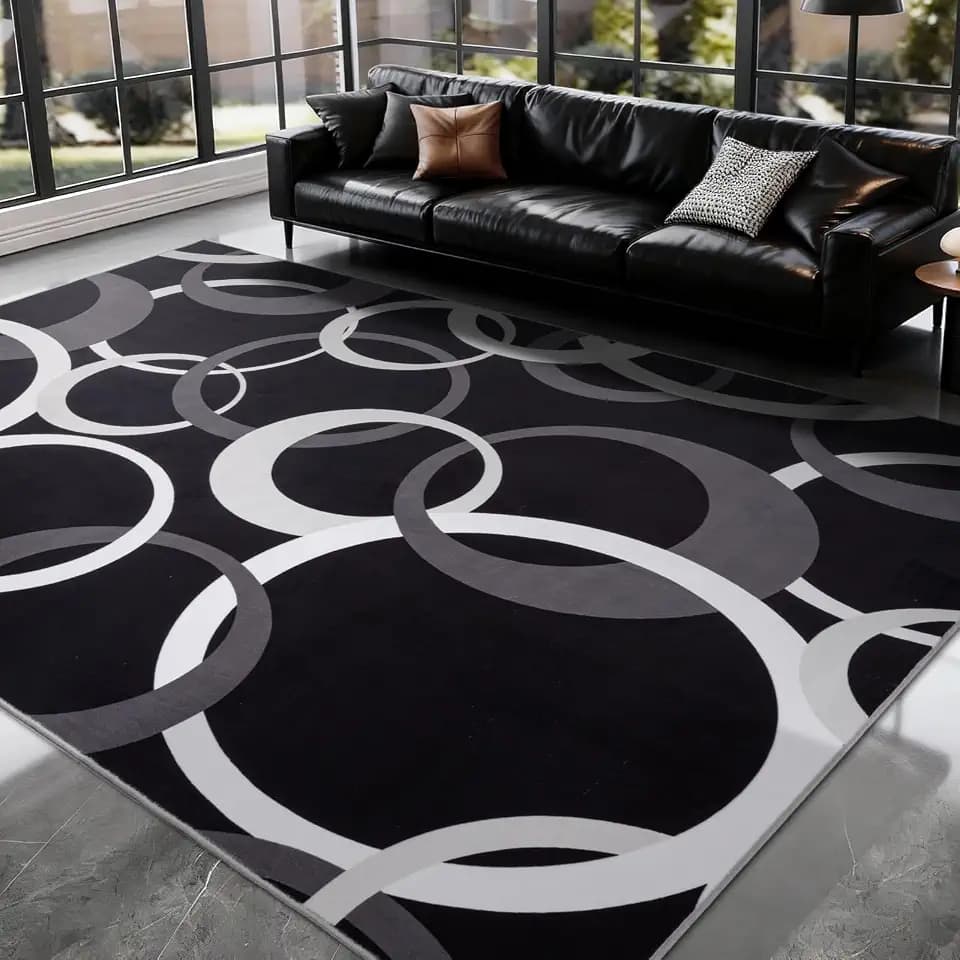 YIHOUSE Washable Black and White Living Room Rug Non Slip, Soft 6x9 Area Rugs for Bedroom Dining Room Low Pile, Modern Concentric Circle Pattern Carpet for Playroom Home Office Decor