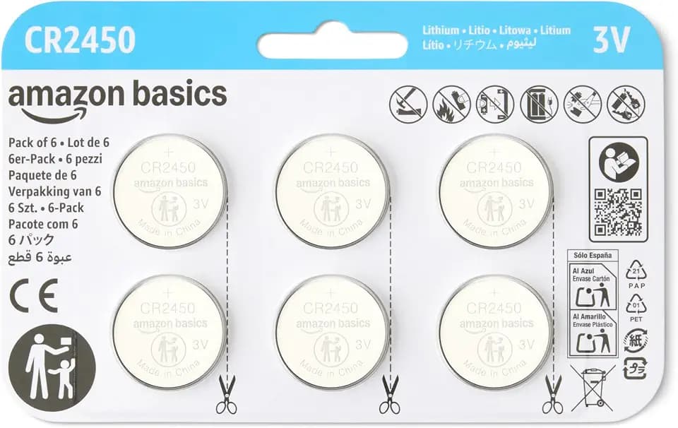 Amazon Basics CR2450 Lithium-Knopfzellenbatterie, Langlebige Leistung, frei von Quecksilber, 3 V, kindersichere Verpackung (zum Öffnen Schere verwenden), 6er-Pack