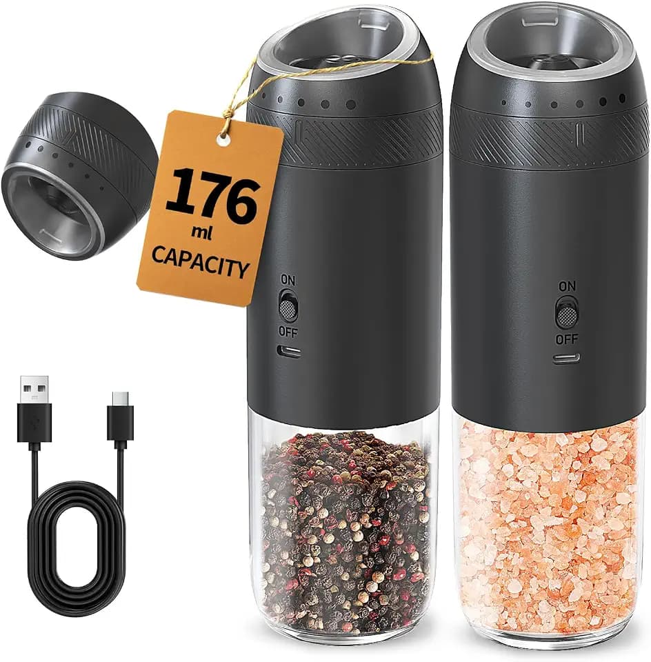 CIRCLE JOY Gravity Electric Salt and Pepper Grinder Set Rechargeable Automatic Pepper Mills with External Adjustable Coarseness, 176ml Large Capacity, Bright LED Light