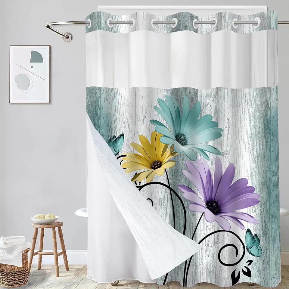 Hookless Shower Curtain with Snap in Liner, Teal Colorful Floral, 72W x 75L