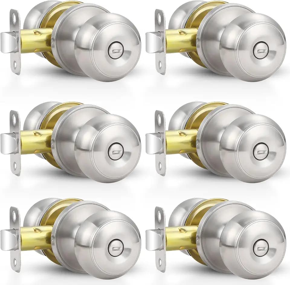 Estmoon 6 Pack Brushed Nickel Door Knobs, Privacy Door Lock Silver Keyless Door Handle with Lock for Bathroom Bedroom, Keyless Door Hardware