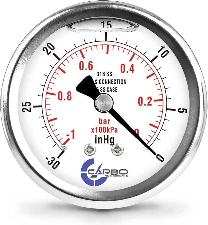Vacuum Pressure Gauge 0 to -30 inHg, Liquid Filled, 2.5" Dial, 1/4 NPT Back Mount, 316 SS Case, 316 SS Wetted Parts, inHg/Bar - ASME B40.1 Grade A