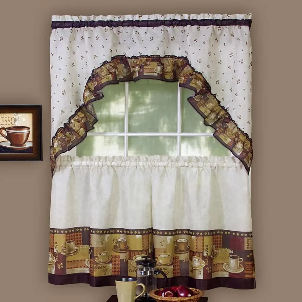 Embellished Tier and Swag Curtain Set, 57 x 24 in, Coffee, Light Filtering
