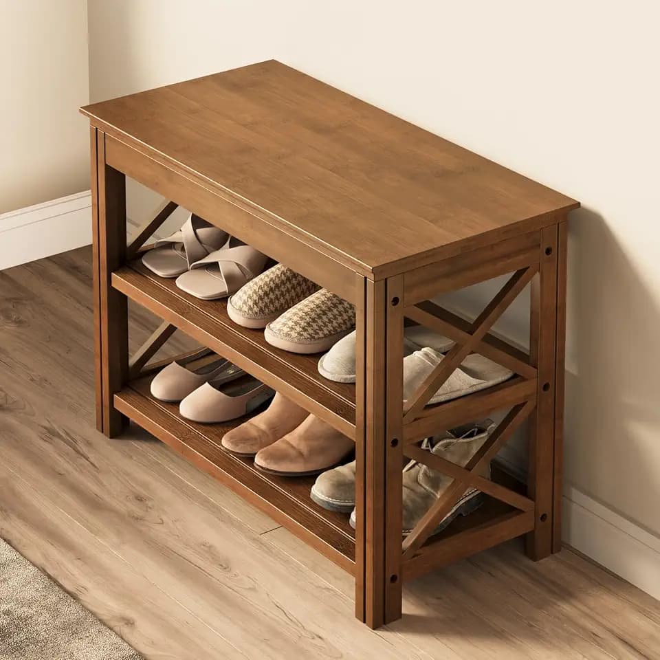 Bamworld Shoe Rack Bench with Storage 3 Tier Bamboo Shoe Bench Entryway Rustic Entryway Bench (X-Brown, 23.6 Inch
