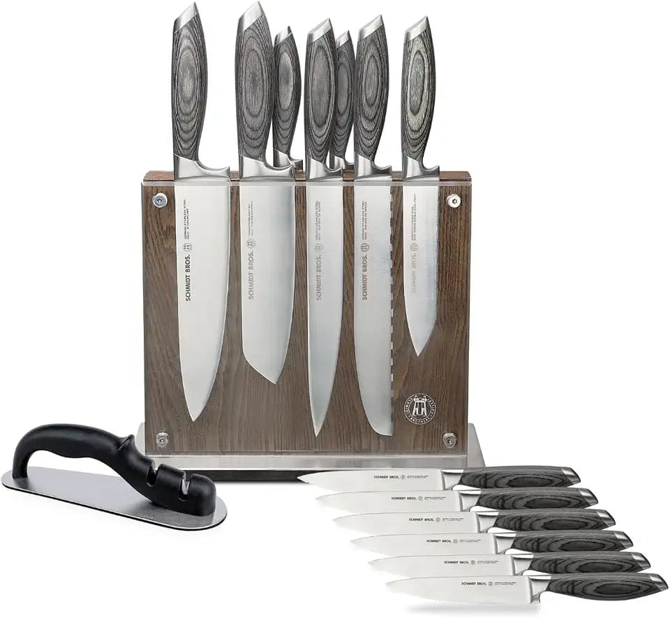 Schmidt Brothers -Bonded Ash- 15-Piece Knife Set, High-Carbon Stainless Steel Cutlery with Downtown Acacia and Acrylic Magnetic Knife Block and Knife Sharpener