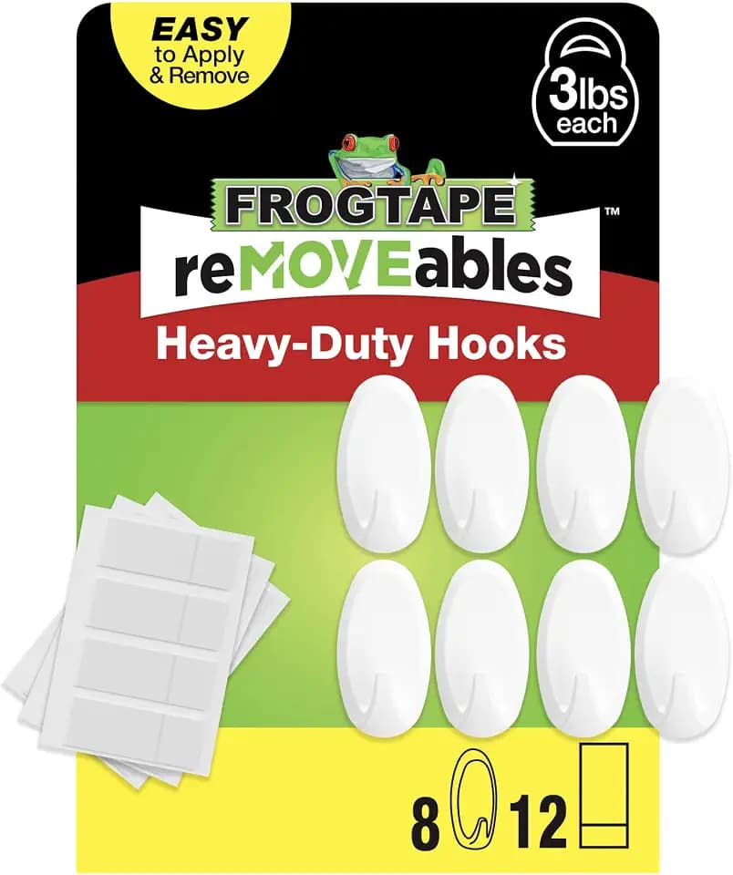 FrogTape reMOVEables Heavy Duty Wall Hooks, Damage Free, White, 8 Pack