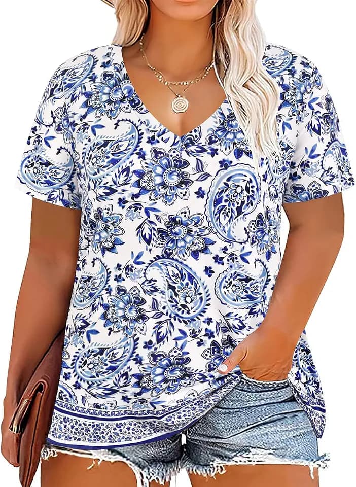 RITERA Women Plus Size Tops Tie Dye V Neck Shirt Floral Camo Summer Short Sleeve Tunic Oversized Ladies Blouse XL-5XL