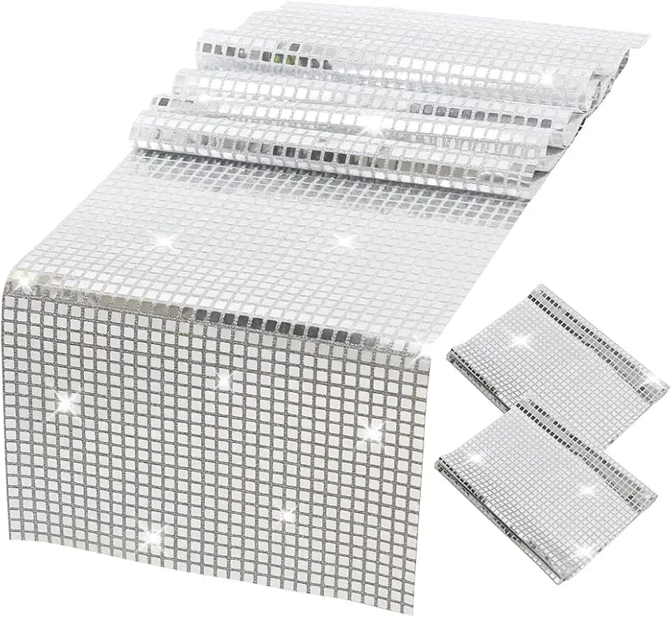 2 Pack 72 Inches Mirror Silver Glitter Disco Table Runner, Shiny Retro Sequin Rectangle Table Cloth for Wedding Christmas Birthday Bachelorette Dance Parties Home Decoration Supplies