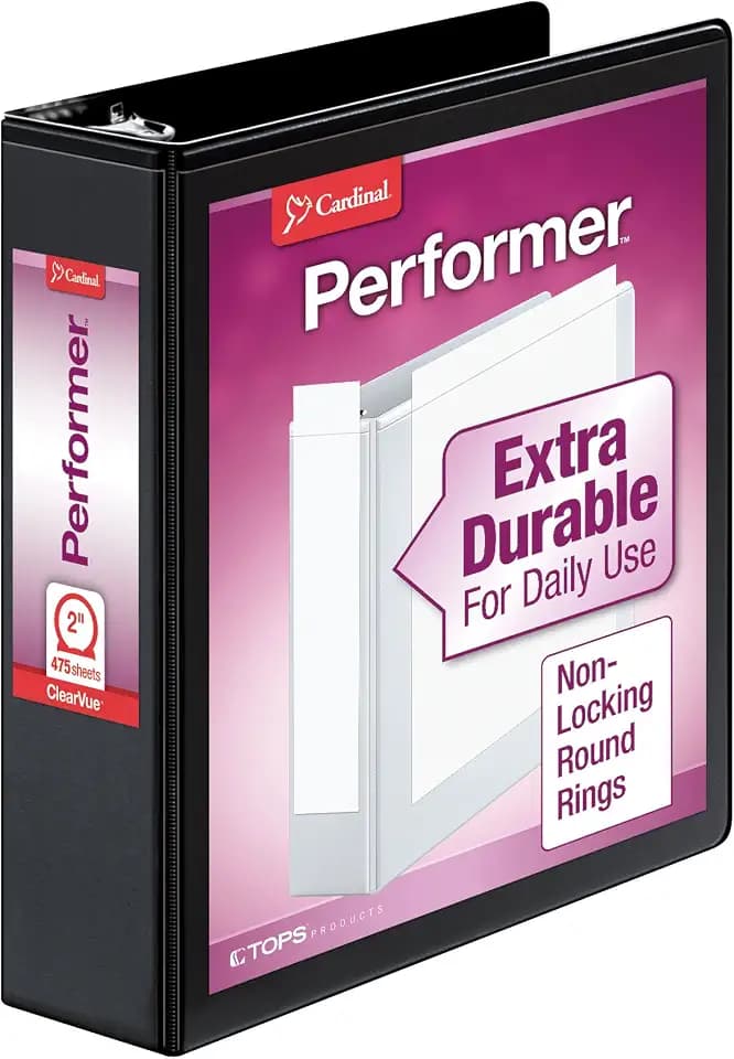 Cardinal 3 Ring Binder,Durable 2 Inch Performer ClearVue Binder, Round Rings, 475-Sheet Capacity, Customizable ClearVue Covers, PVC-Free, Black (67425)