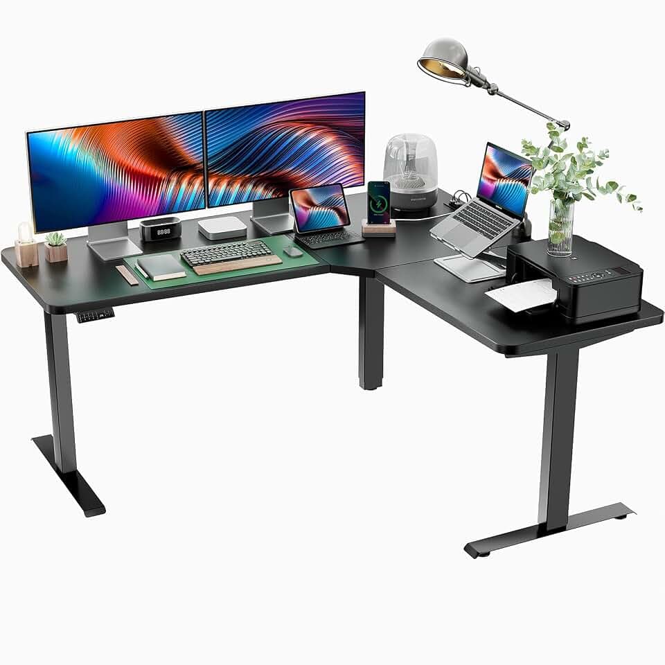 Totnz L Shaped Electric Standing Desk Adjustable Height with 4-in 1 Electical Outlet, 63x55 Inch Standing Desk with Headphone Hook, Stand up Desk for Home Office Sturdy Writing Workstation Black