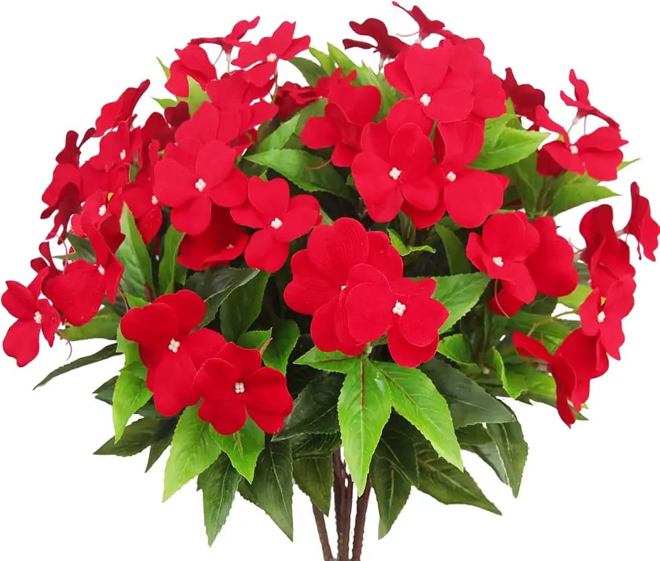 CITYES 4 Pcs Artificial Flowers Outdoor Impatiens UV Resistant Silk Impatiens Flowers Red Faux Flowers Impatiens Bushes Artificial Impatiens for Pot Patio Lawn Garden Hanging Basket Porch Decor