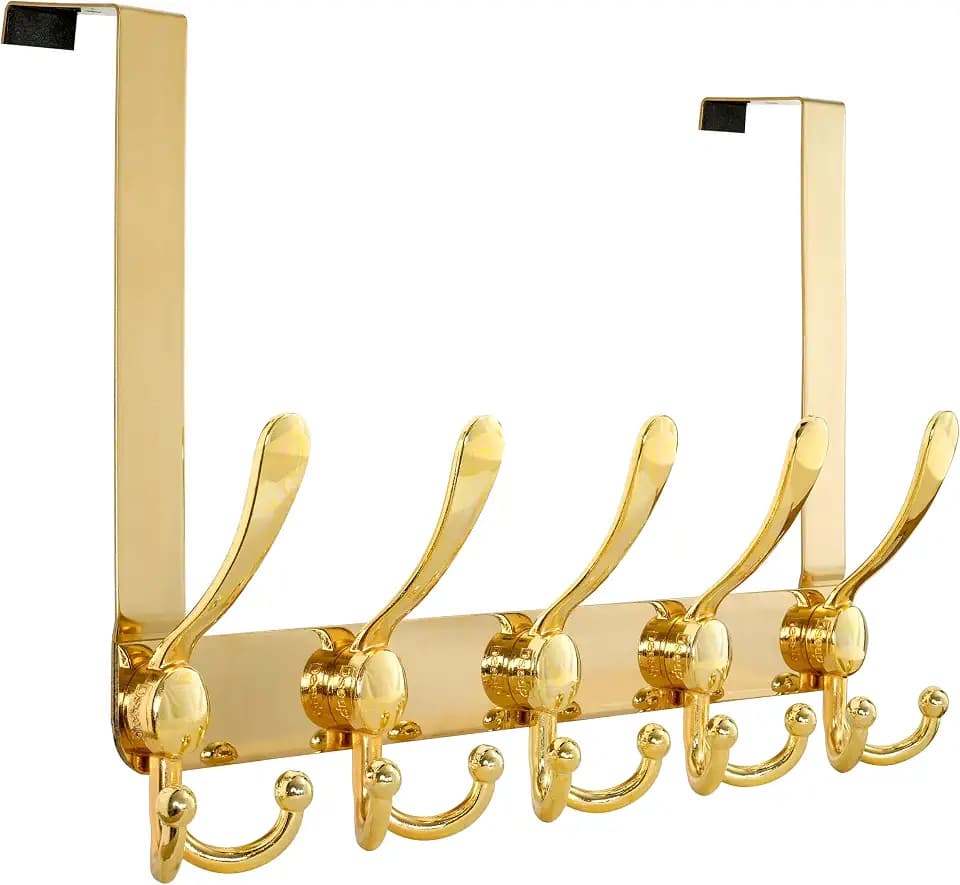 Dseap Over Door Hook 2.0 - Upgraded Version - Simple-Assembly, Strong, Heavy-Duty Stainless Steel 5-Tri-Hook Over The Door Hanger Rack, SimpleStrong Series, Gold