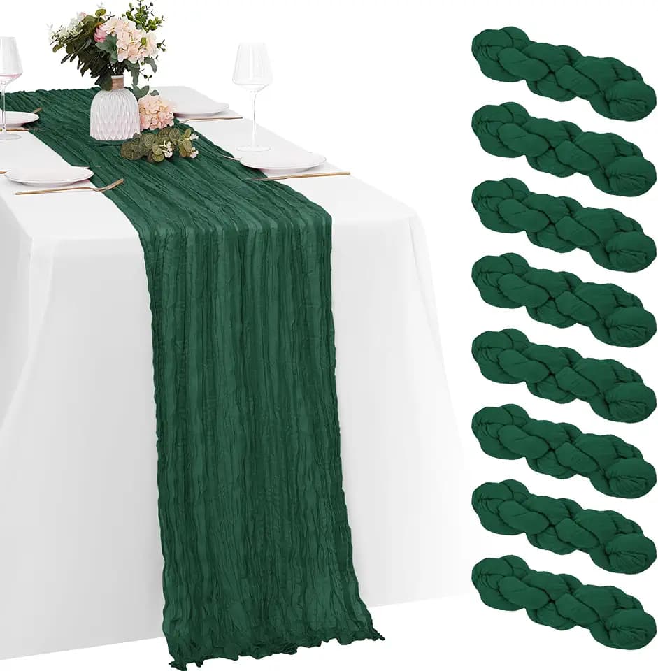 8 Pack Emerald Green Cheesecloth Table Runners 20x120 Inch Gauze Table Runner Cheese Cloth 10FT Green Table Runner Rustic Sheer Runner for Wedding Baby Shower Birthday Party Table Decor