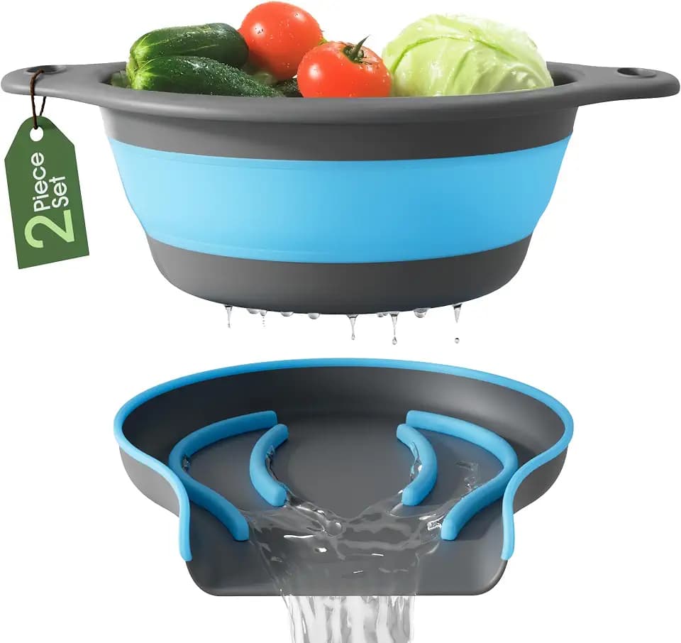 Gevoli Strainer with Self-Draining Base (5QT) Over-Sink Collapsible Kitchen Colander Set with Side-drain Base for Pasta Vegetables and Fruit, XL Large Capacity, Dishwasher Safe (5-Quart) Blue/Gray