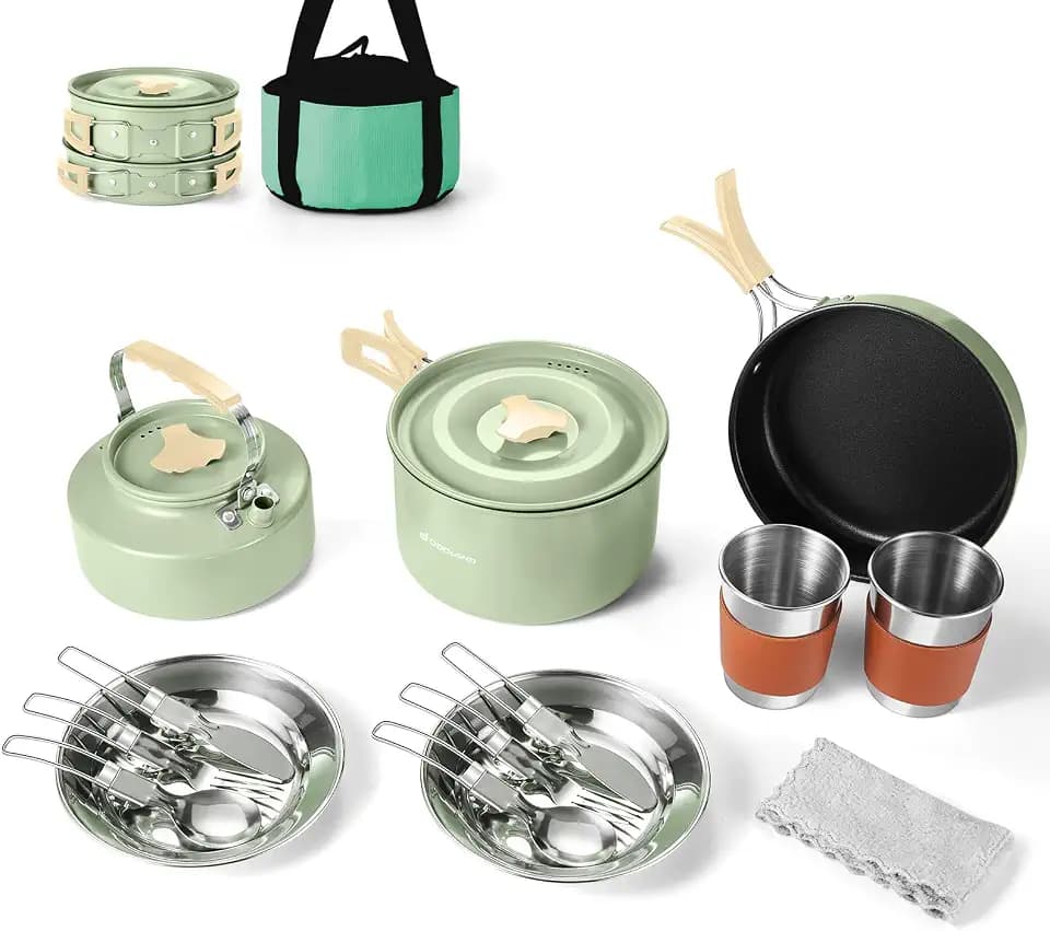 Odoland 17pcs Camping Cookware Mess Kit, Lightweight Pot Pan Kettle Set