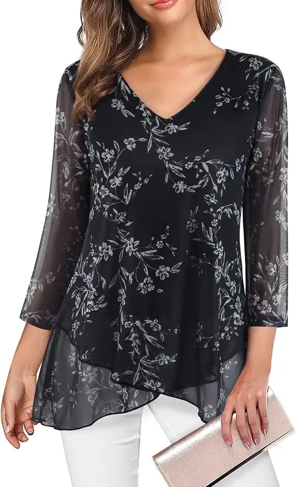 SeSe Code Womens Dressy 3/4 Sleeve Tunic Tops for leggings Mesh Shirt