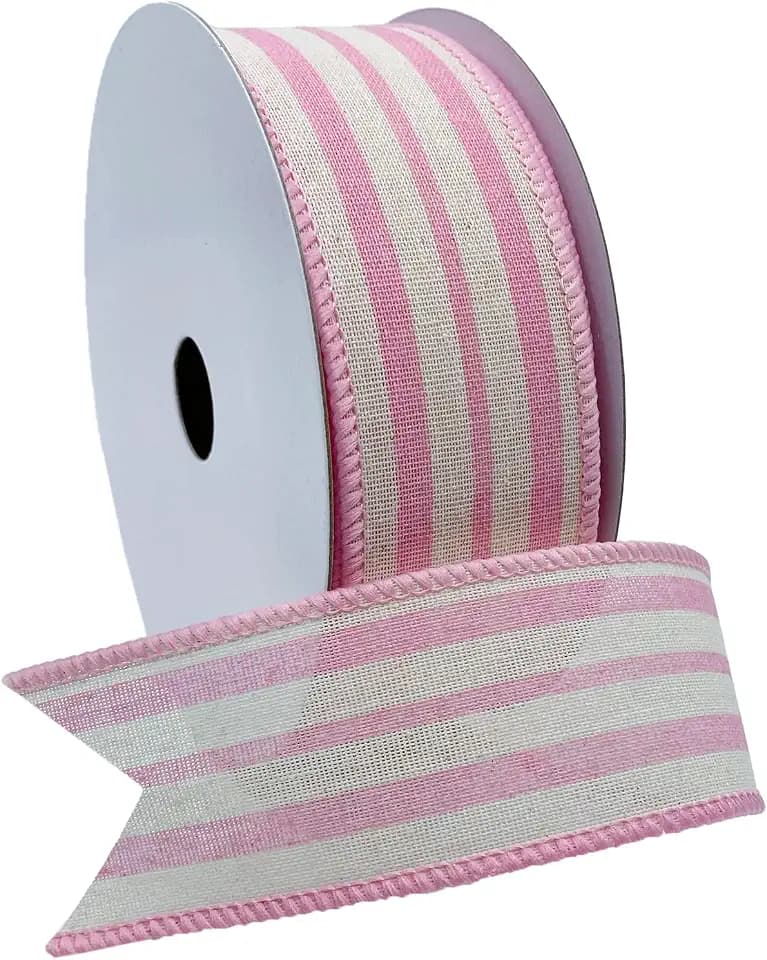 Morex Ribbon Wired Linen Spring Cabana Stripes Ribbon, 1.5 inches by 10 Yards, Pink, 7579.40/10-020