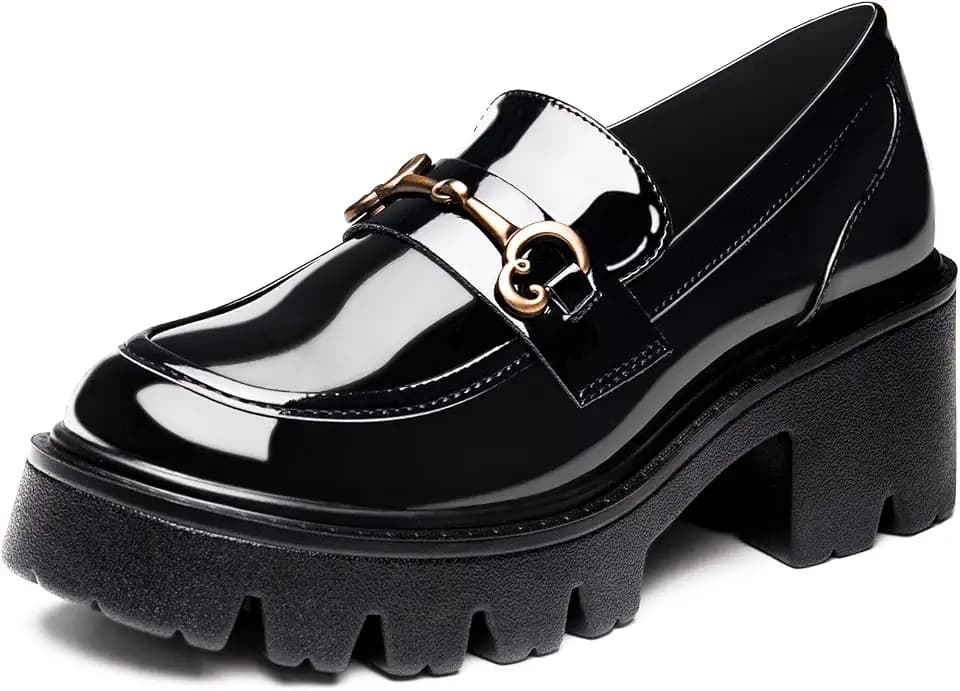 Black Platform Loafers for Women, Chunky Heel Dress Shoes for Work