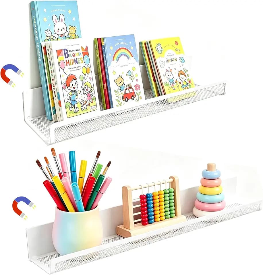 2 Pack White Metal Magnetic Book Shelf for Whiteboard Classroom, 17Inch Floating Book Display Shelves Heavy Duty Magnetic Book Holder Magnet Refrigerator Organizer for Kid Room Office Teacher Storage