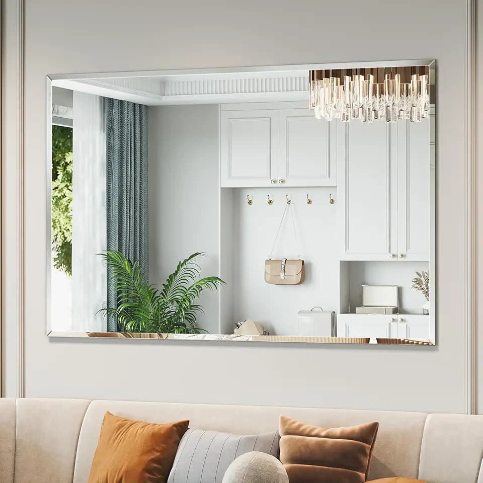 Frameless Bathroom Beveled Wall Mirror, 48"x32" Large Wall Mirror