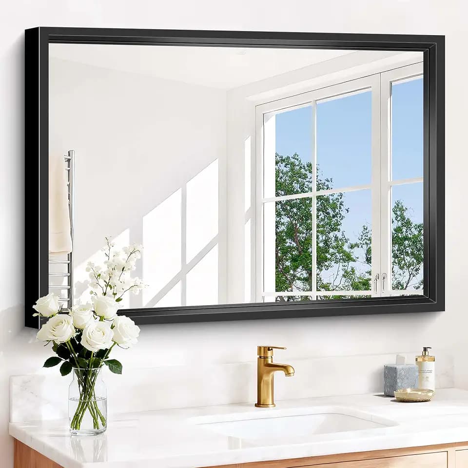 Bathroom Mirror, 42 x 30 Inch Brushed Black Rectangle Mirror, 0.6" Thickened Deep Frame Vanity Mirrors for Bathroom Sink, Shatterproof Tempered Glass, Antirust, Horizontally or Vertically