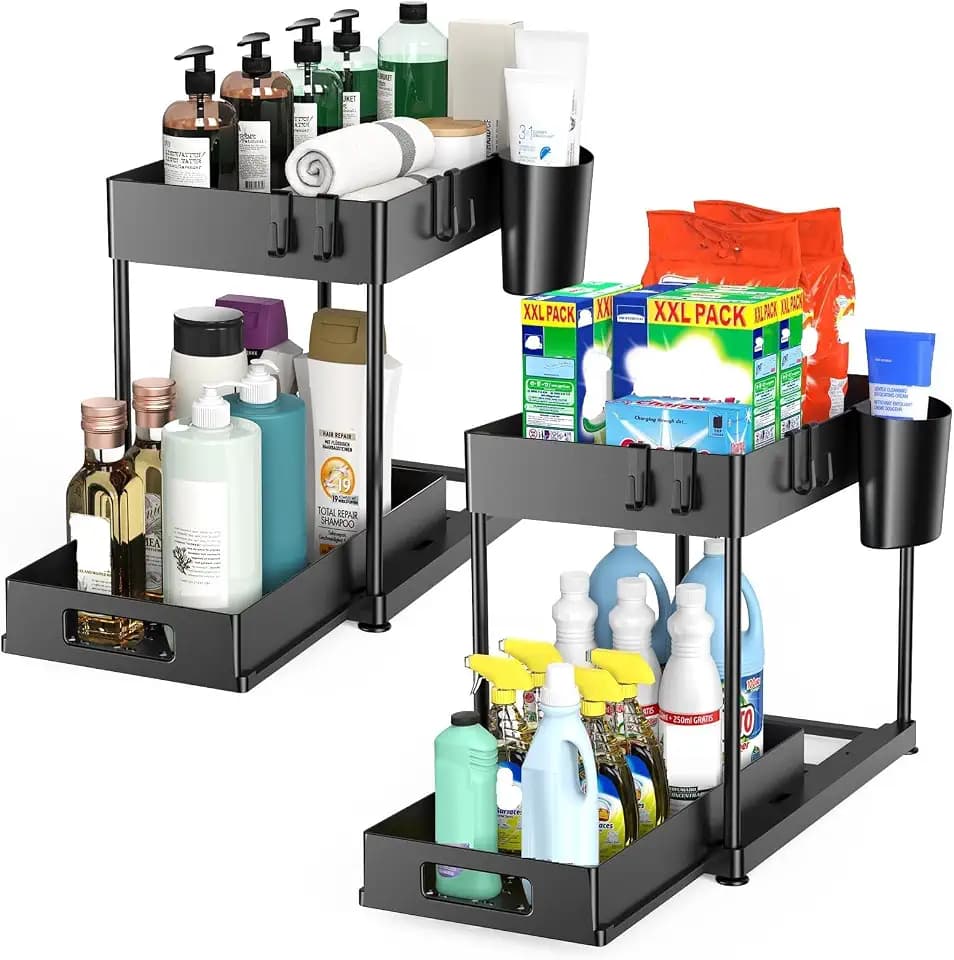 2 Pack Under Sink Organizer with Pull-Out Drawer, Black